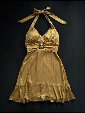 Vintage Wet Seal Gold Satin Halter Babydoll Mini Dress Buckle Detail Ruffled Hem